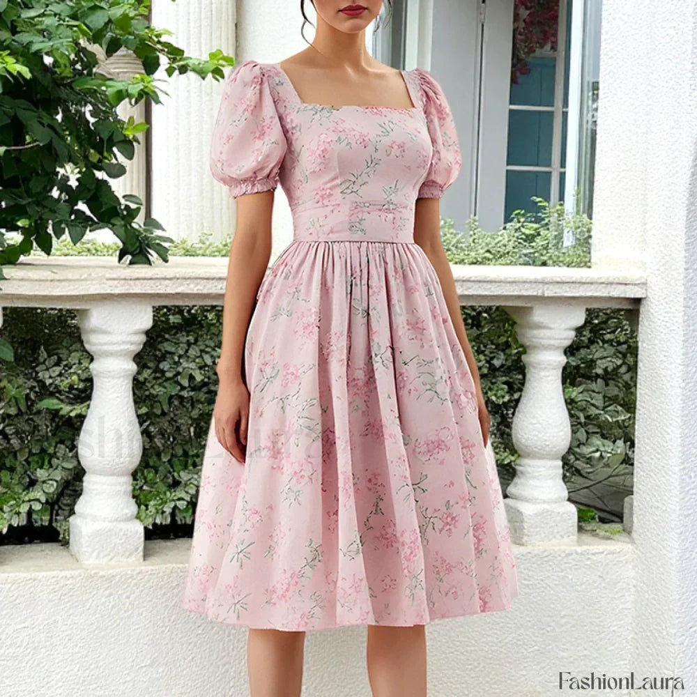 Floral Puff Sleeve Midi Dress Floral Pink / S