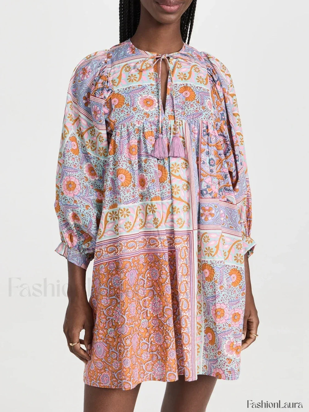 Floral Puff Sleeve Shirt Boho Dress red / S