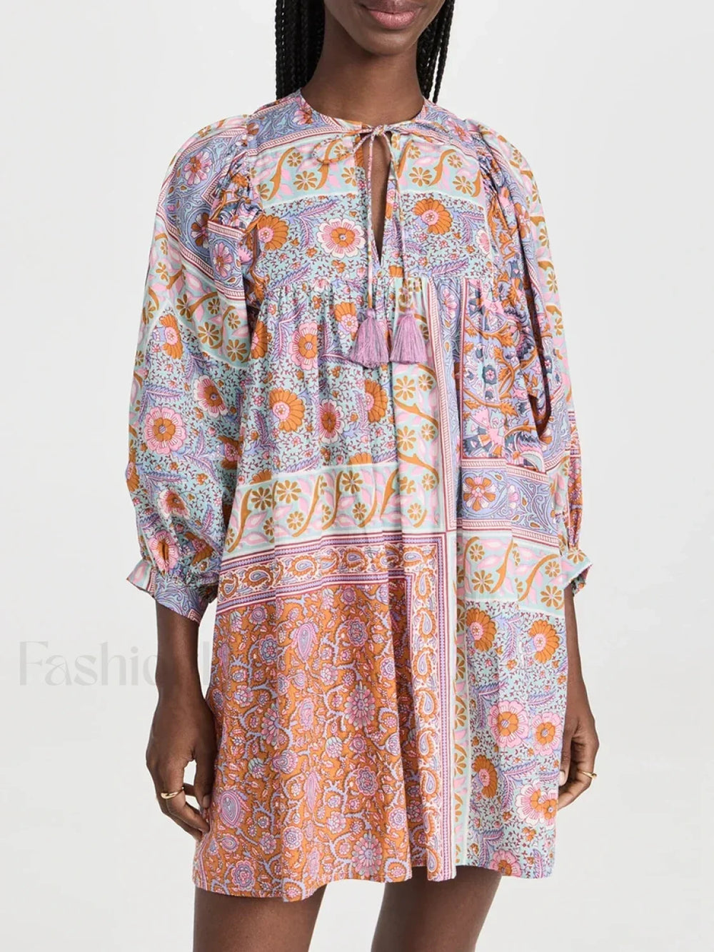 Floral Puff Sleeve Shirt Boho Dress red / S