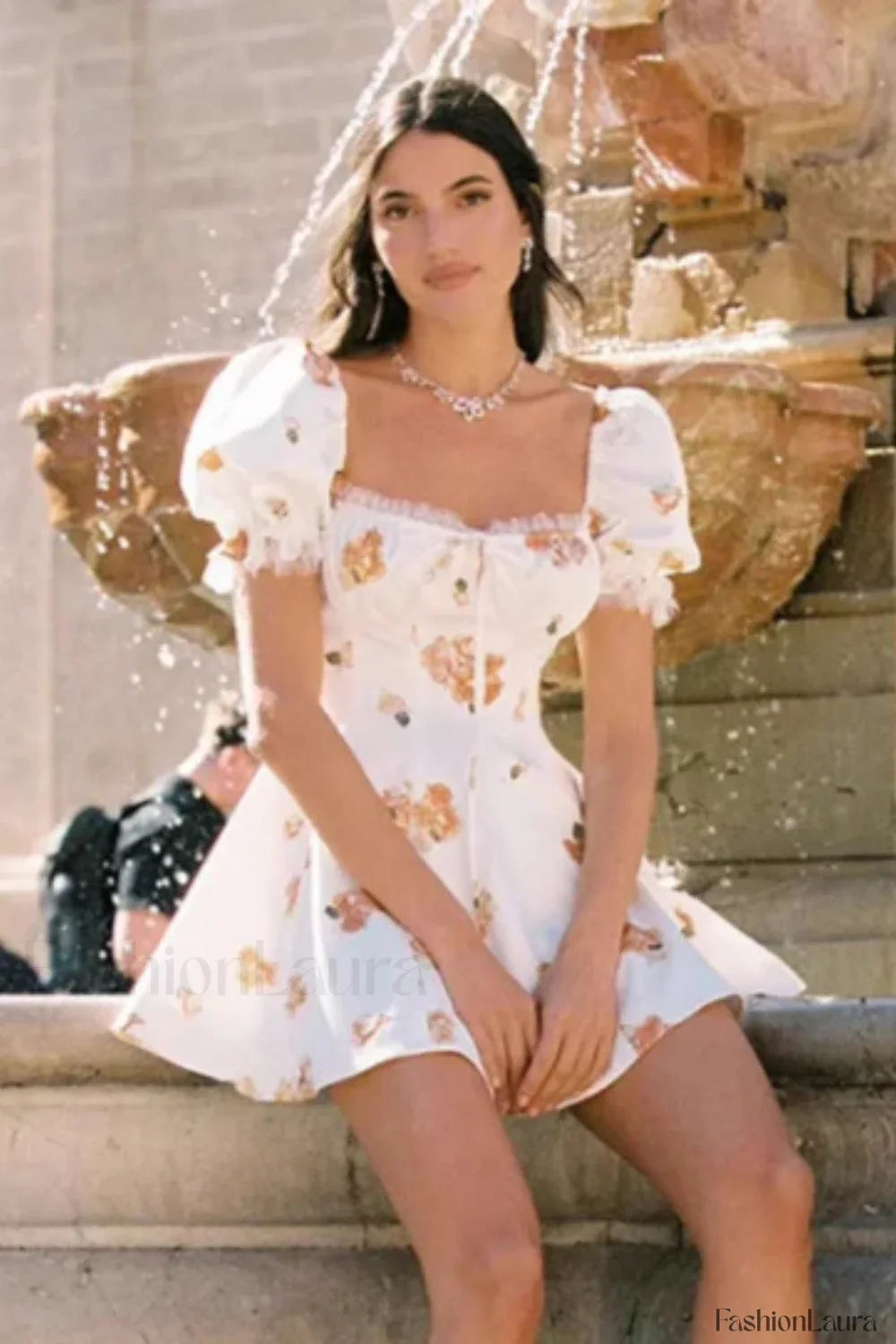 Floral Puff Sleeve Square Neck Mini Dress