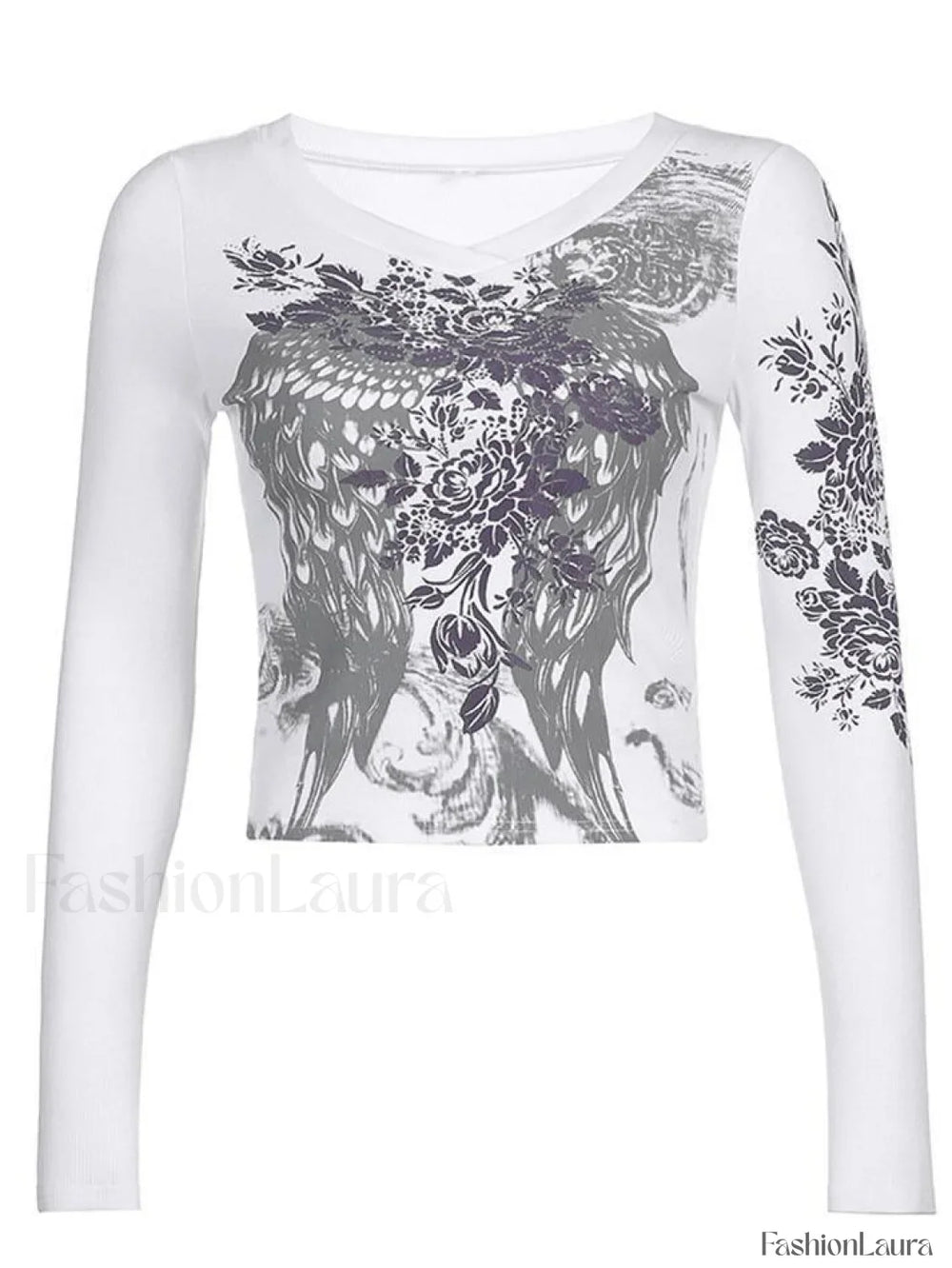 Floral Rhinestone Long Sleeve Crop Top Tops&Tees