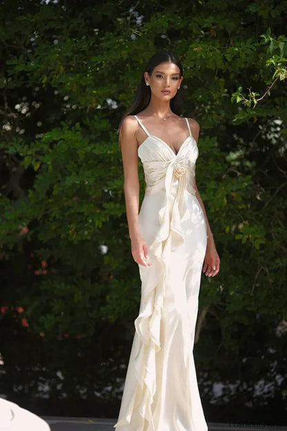 Floral Ribbon Satin Slim Fit Strappy Maxi Dress