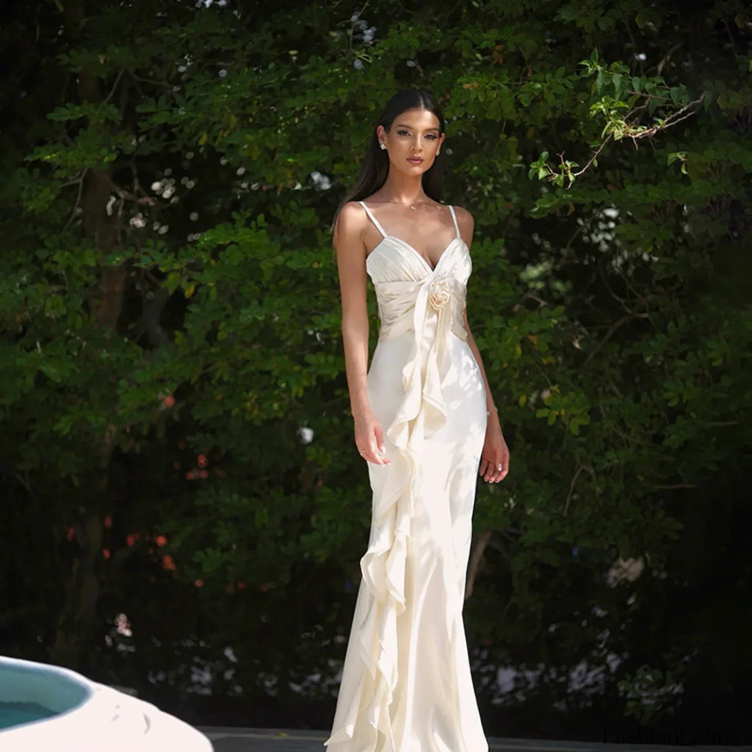 Floral Ribbon Satin Slim Fit Strappy Maxi Dress Light Apricot / S