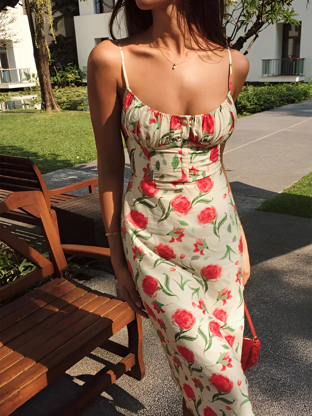 Floral Ruched Button Detail Dress Dresses