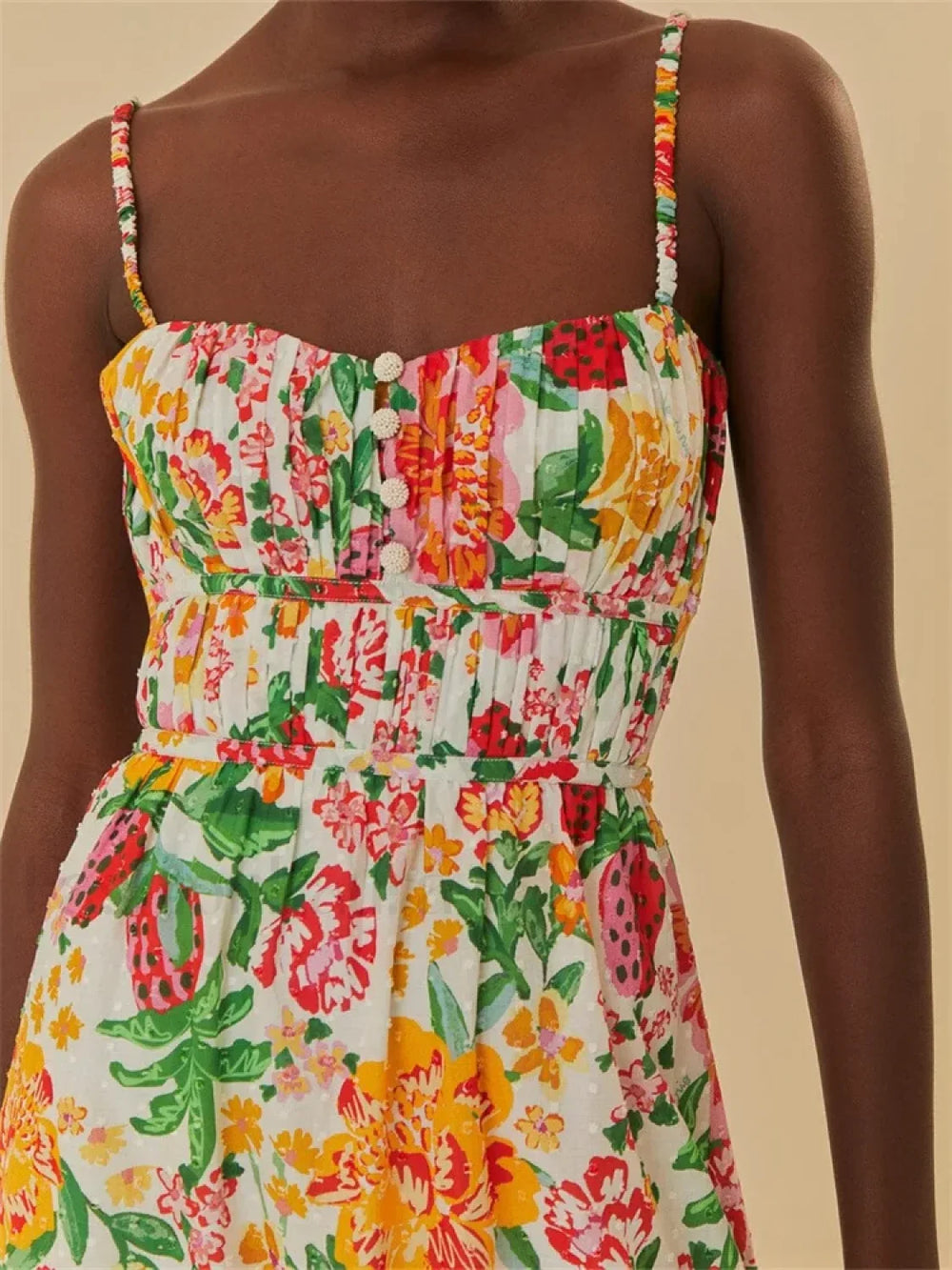 Floral Ruched Button Strap Maxi Dress