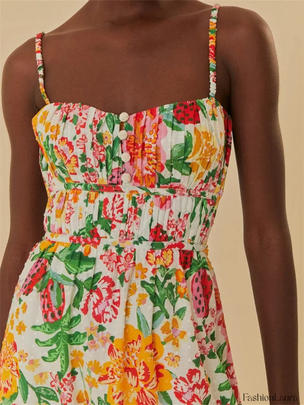 Floral Ruched Button Strap Maxi Dress