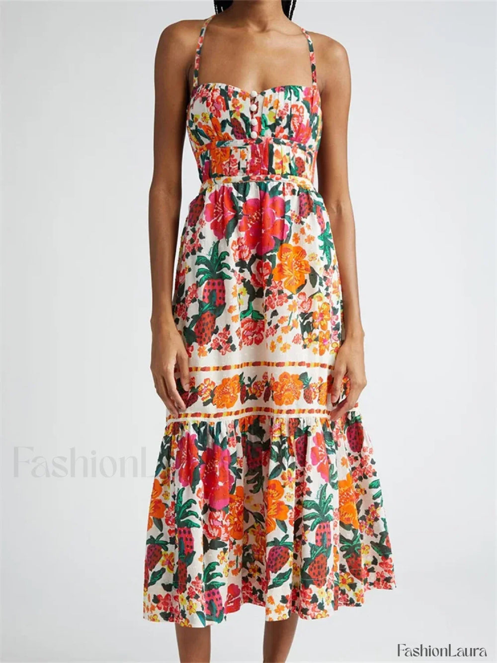 Floral Ruched Button Strap Maxi Dress orange1 / S
