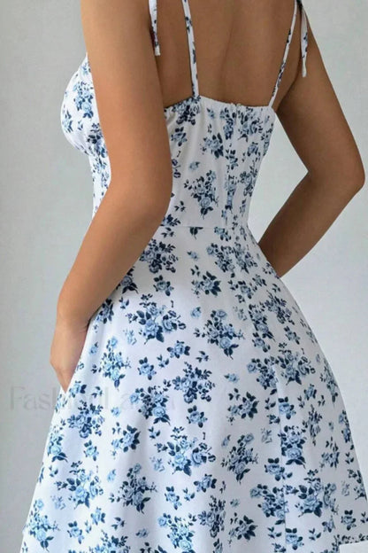 Floral Strappy Square Collar Gentle Wind Floral Dress