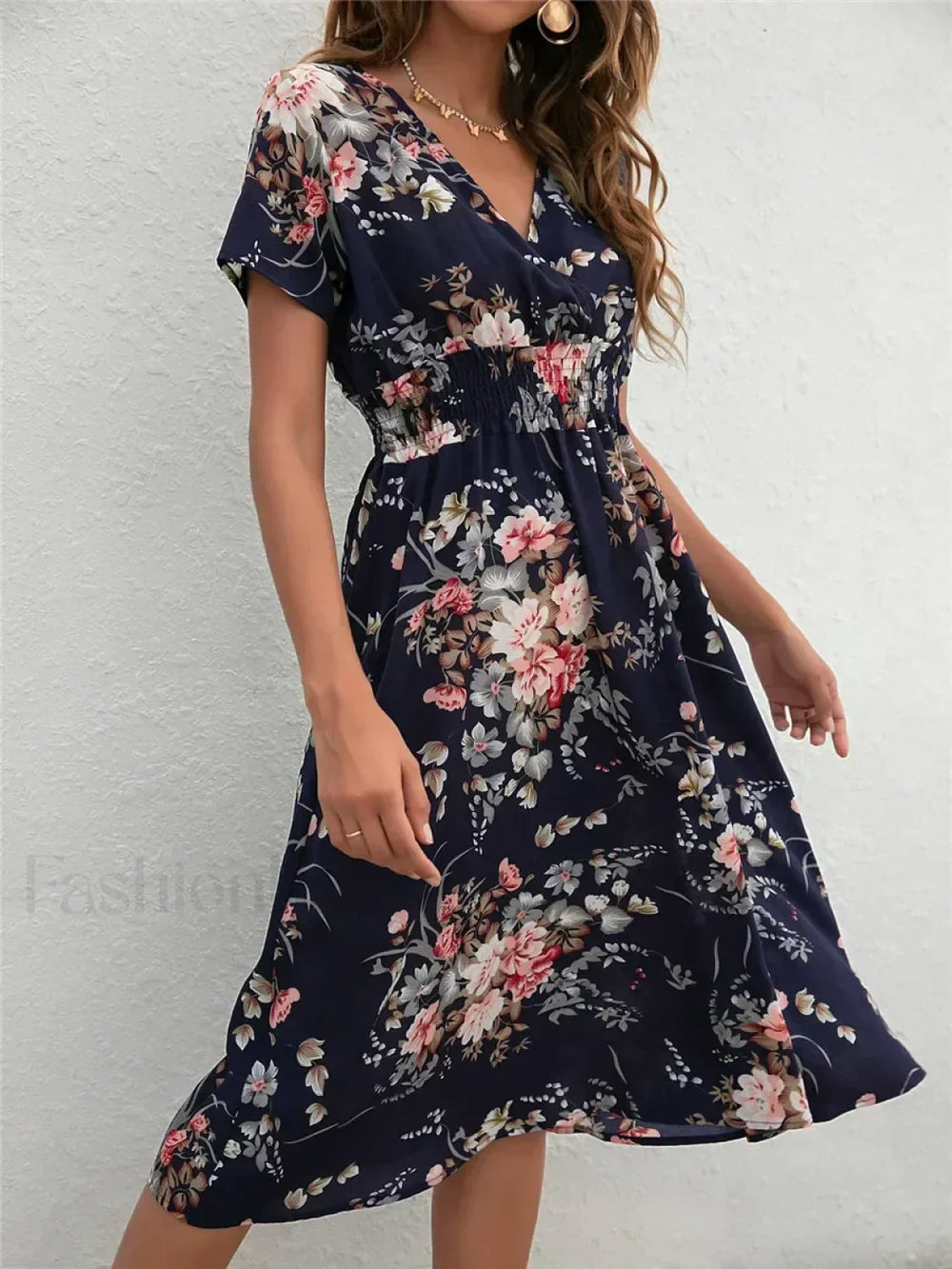 Floral Summer Long Sleeve Chic Holiday Midi Dress GOLD / S