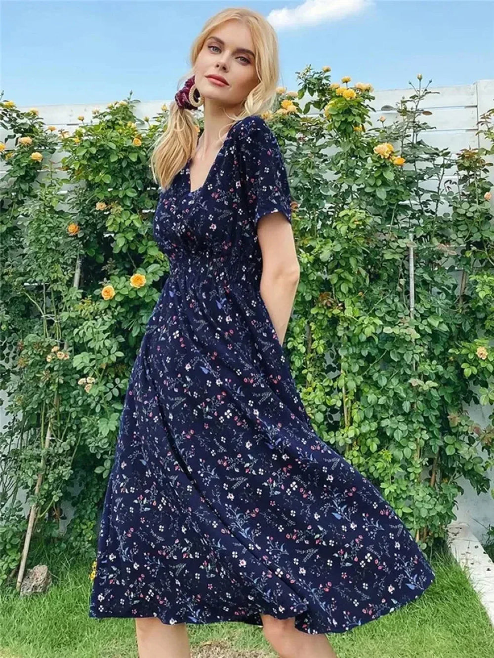 Floral Summer Long Sleeve Chic Holiday Midi Dress Navy / S