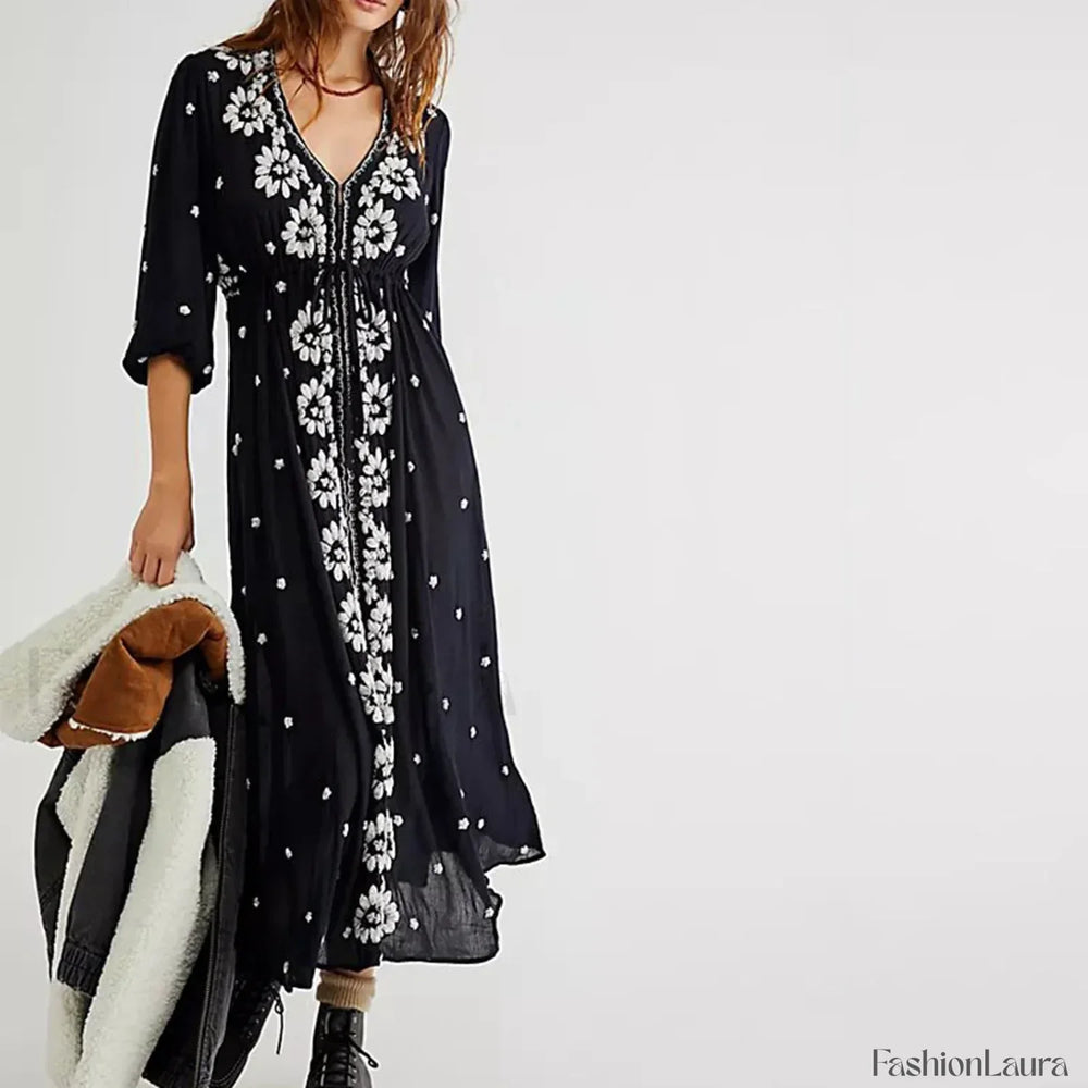 Floral Swing Maxi Boho Dress black / S