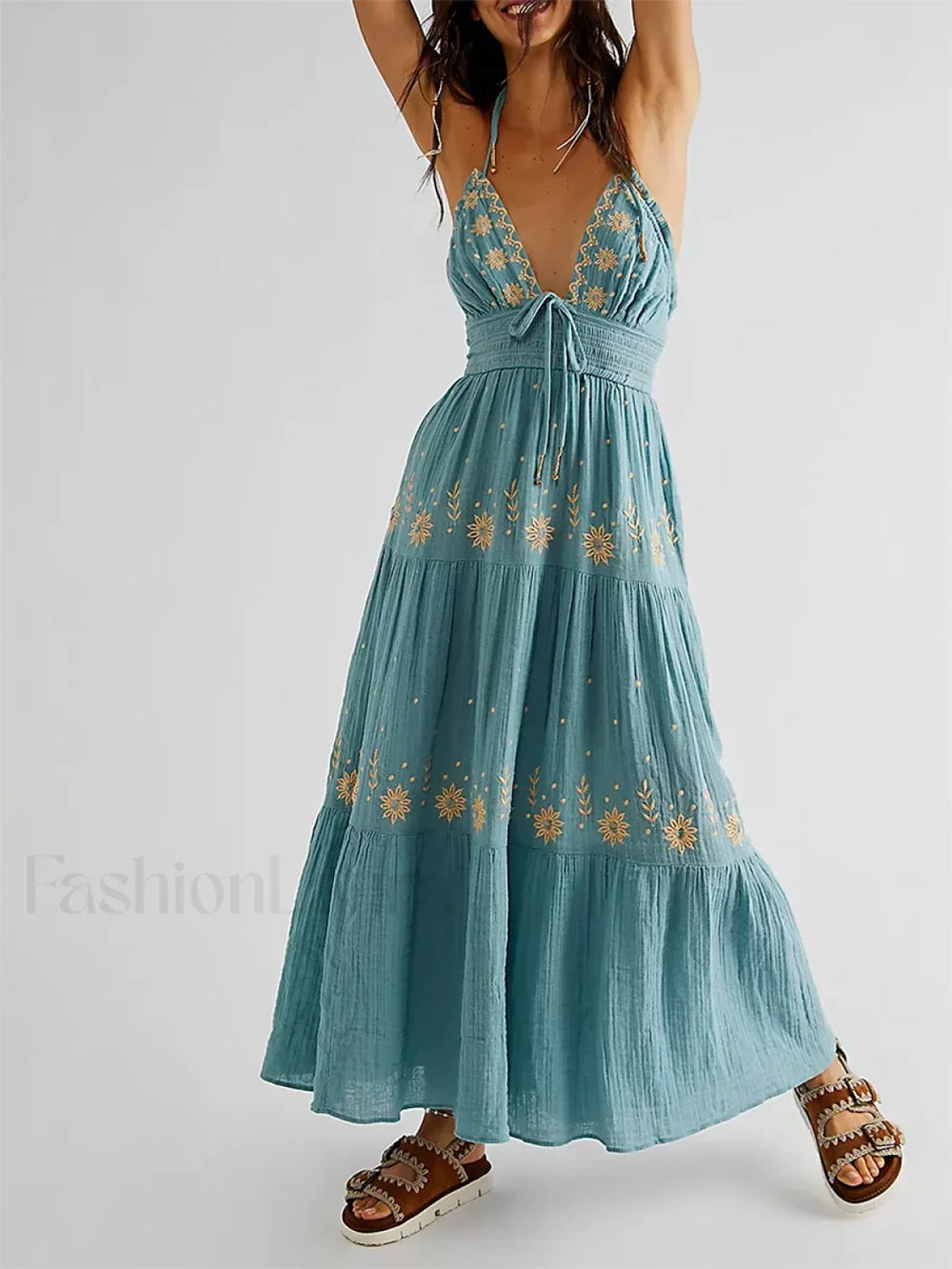 Floral Tie Up Halter Boho Dress color7 / S