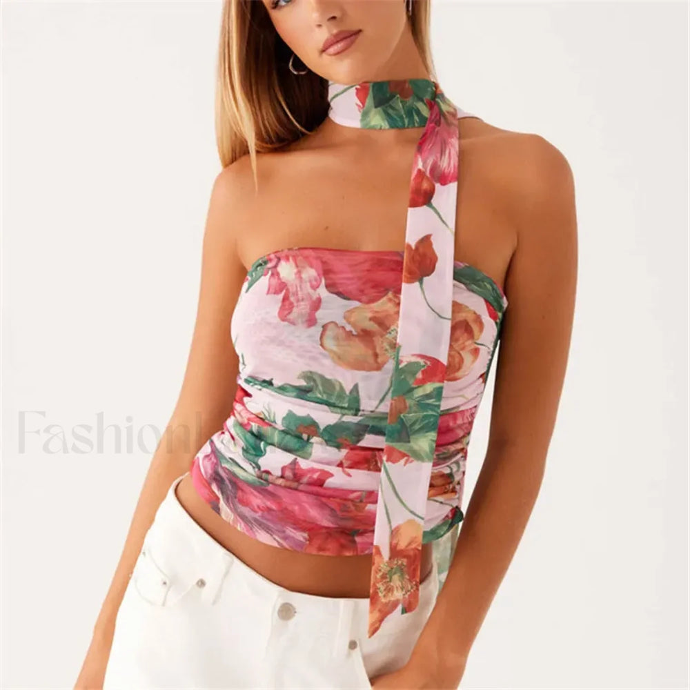 Floral Tube Strapless Crop Top PINK / S
