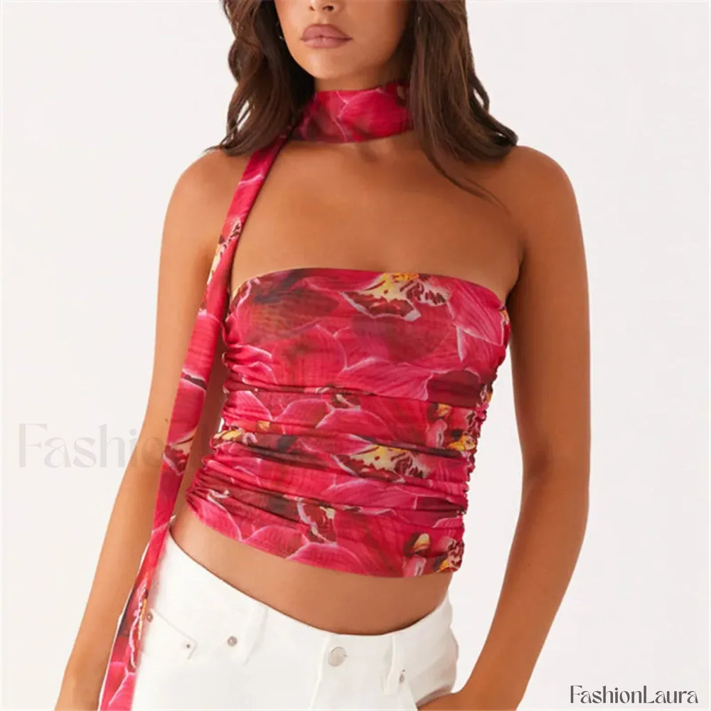 Floral Tube Strapless Crop Top RED / S