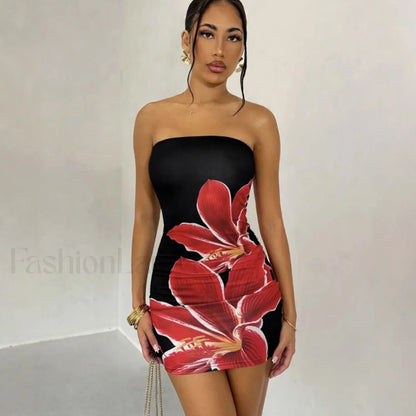 Floral Tube Top Waist Slim Beach Mini Dress Black / S