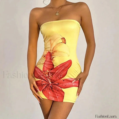 Floral Tube Top Waist Slim Beach Mini Dress Yellow / S
