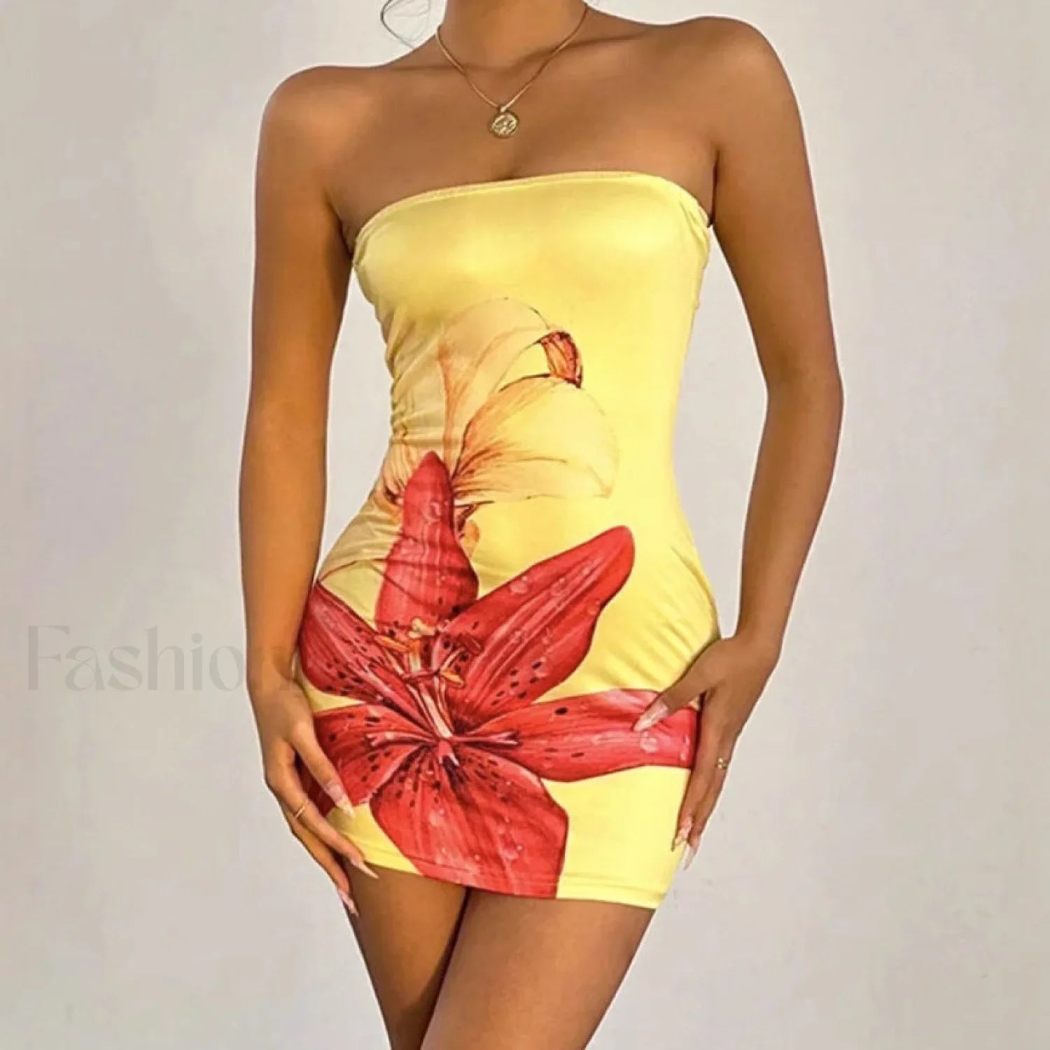 Floral Tube Top Waist Slim Beach Mini Dress Yellow / S