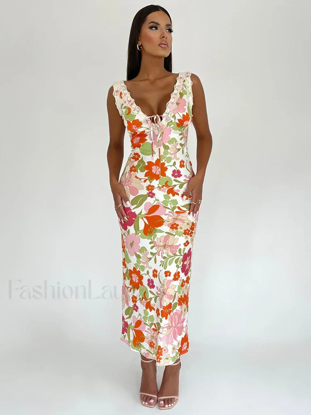 Floral V Neck Bodycon Maxi Dress