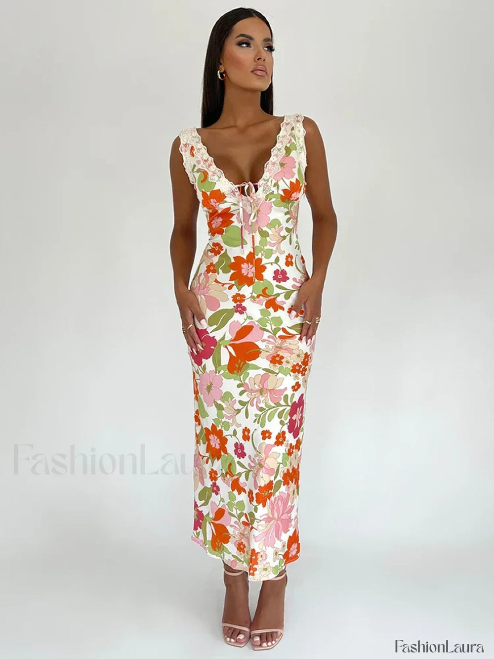 Floral V Neck Bodycon Maxi Dress