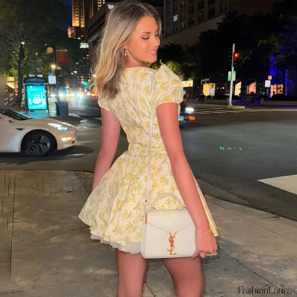 Floral V Neck Pleated Mini Dress