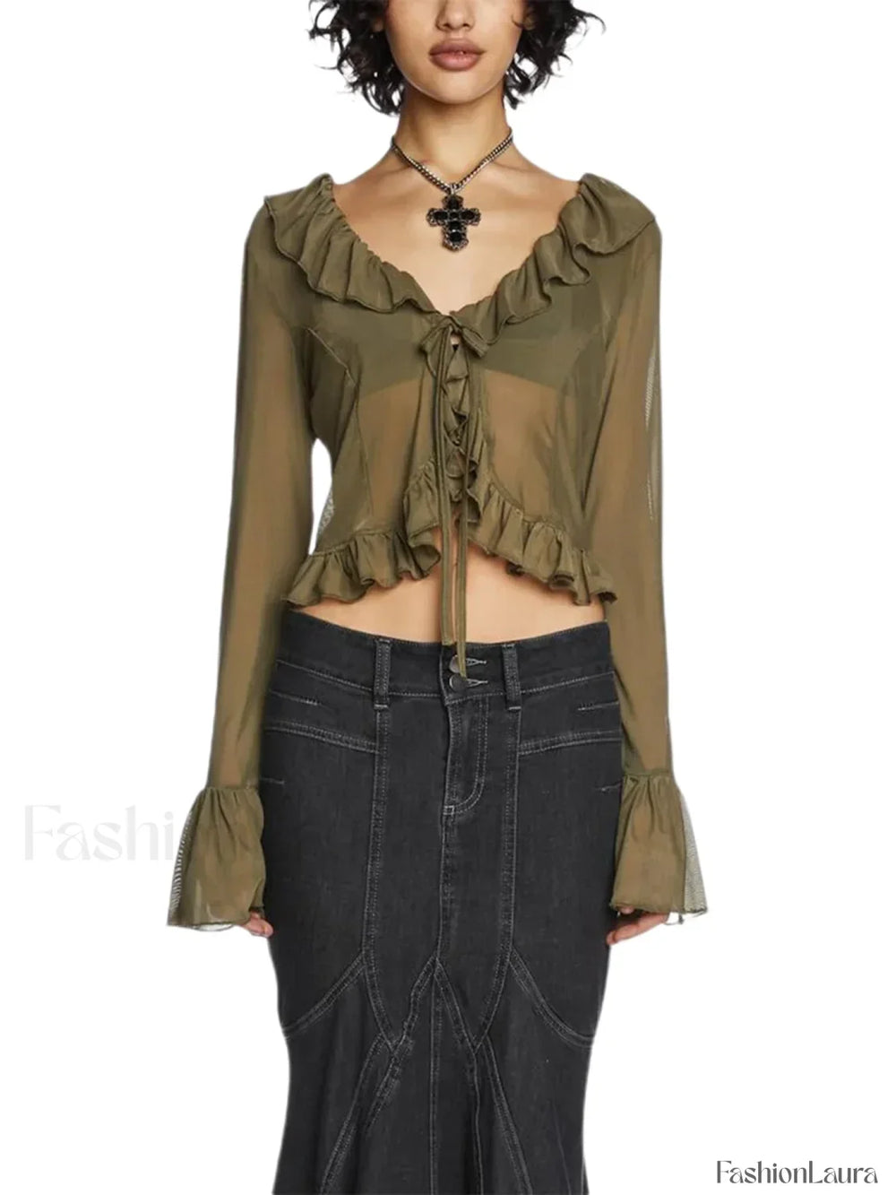 Floral V Neck Sleeve White Tops Clothes Blouse Brown / S