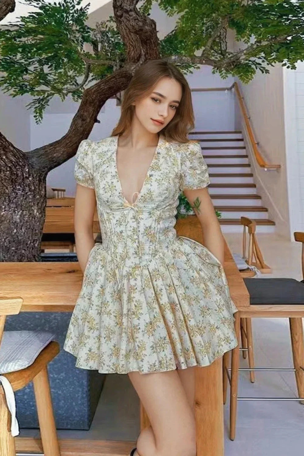 Floral V Neck Slim Fit Puff Sleeve French Retro Floral Dress