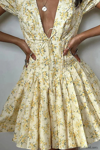 Floral V Neck Slim Fit Puff Sleeve French Retro Floral Dress