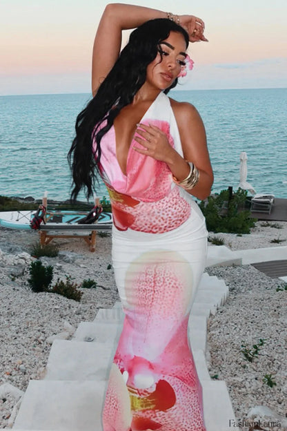 Floral Waist Cinched Backless Tie Maxi Dress