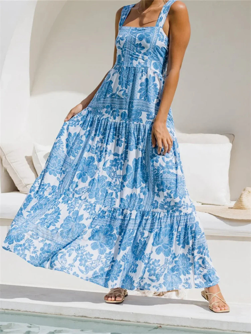 Floral Wide Strap A Line Maxi Dress blue / S