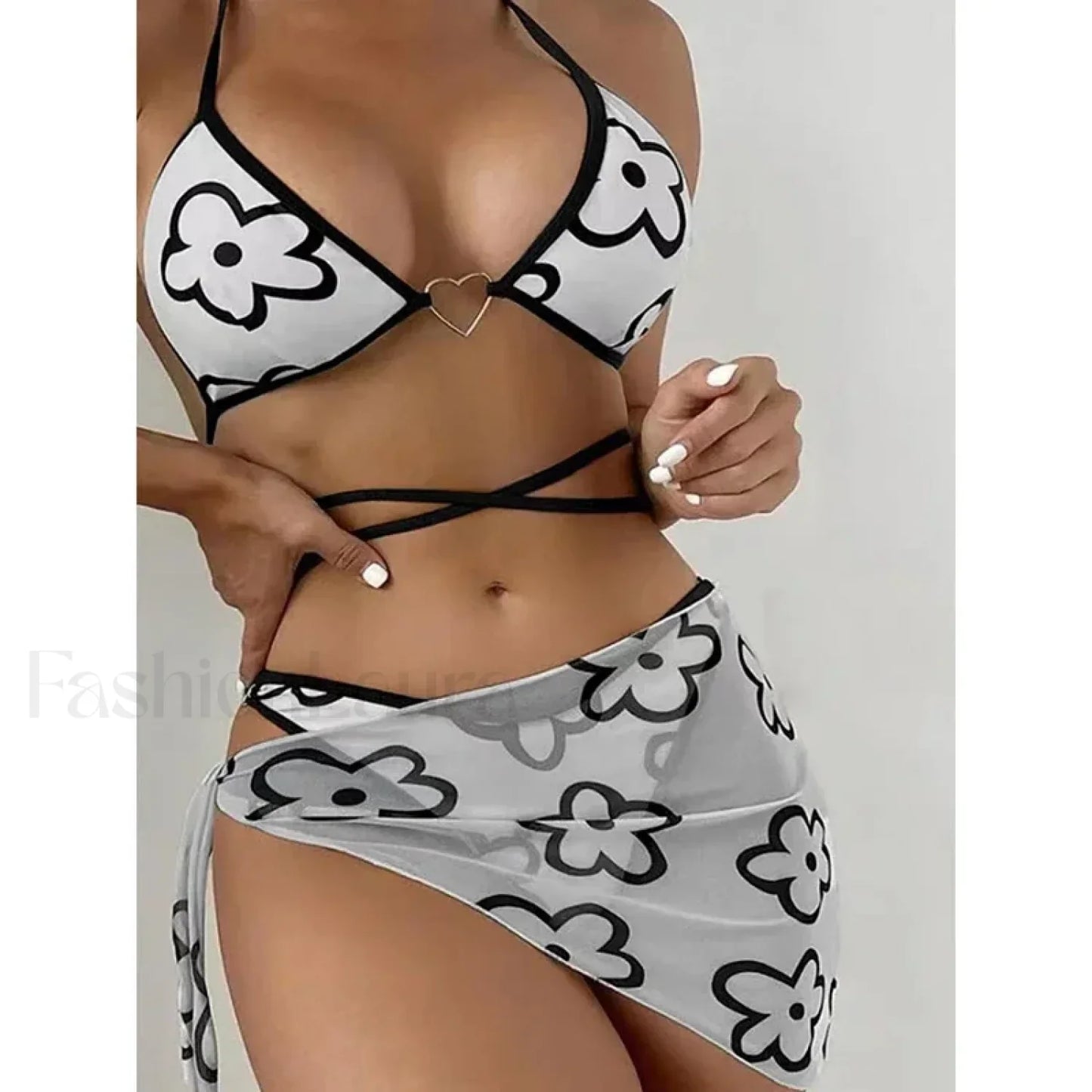 Floral Wrap Split Three Piece Set Black / S