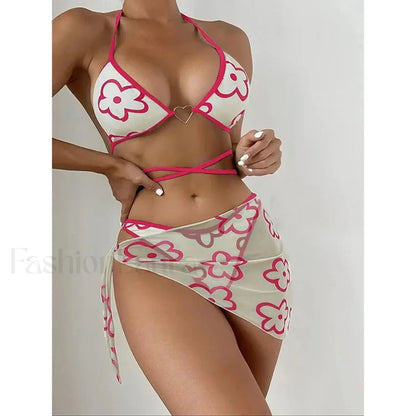 Floral Wrap Split Three Piece Set Rose Red / S