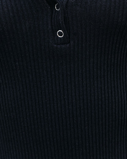 Flow Cotton Ribbed Knit Henley Dress - Black