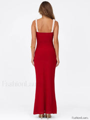 Flower Decor Red Spaghetti Maxi Dress