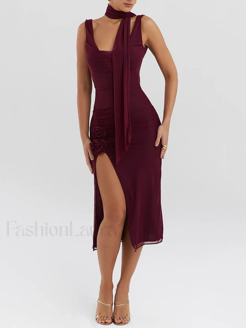 Flower High Split Midi Dress Wine Red / L