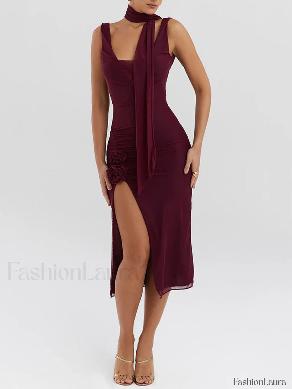 Flower High Split Midi Dress Wine Red / L