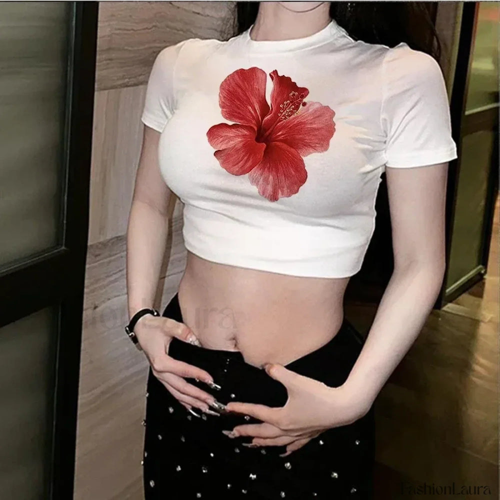 Flower Print Vintage Crop Top T Shirt