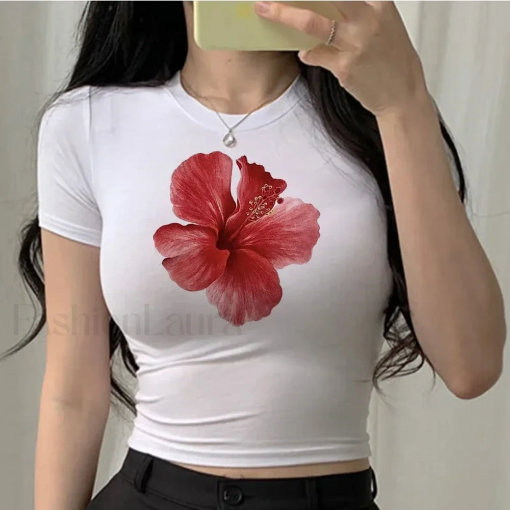 Flower Print Vintage Crop Top T Shirt