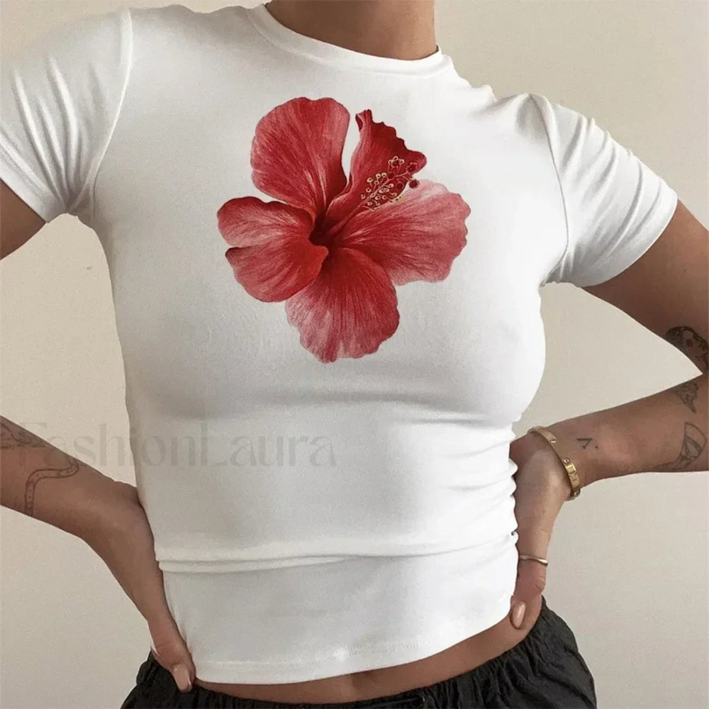 Flower Print Vintage Crop Top T Shirt
