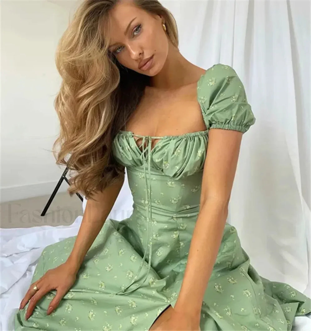 Flower Short Sleeve Maxi Dress green printed / XS