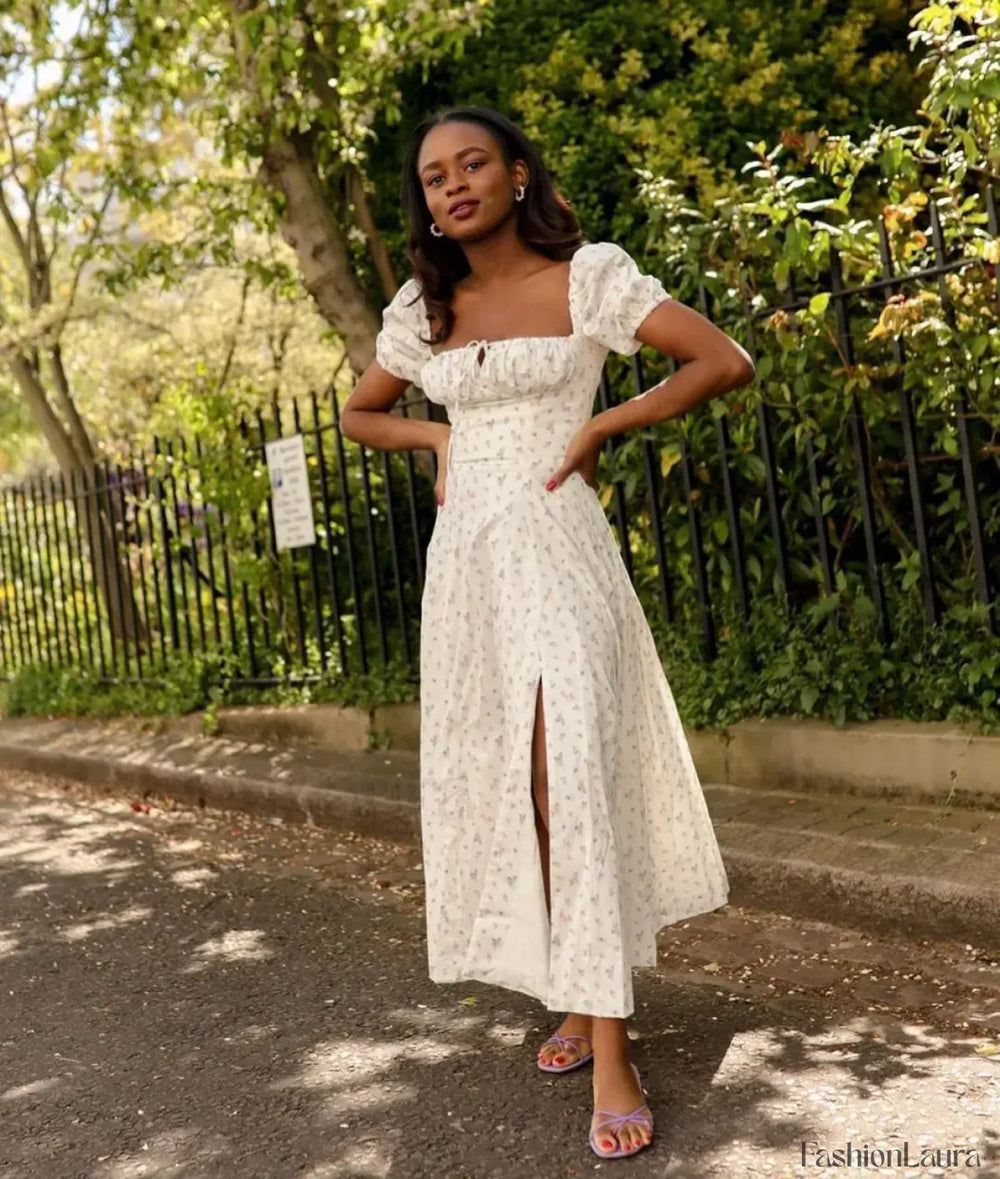 Flower Short Sleeve Maxi Dress WHITE PRINTED / XS