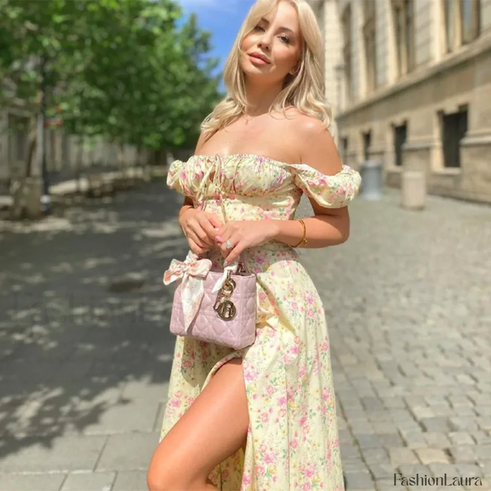 Flower Short Sleeve Maxi Dress YELLOW flower / XS