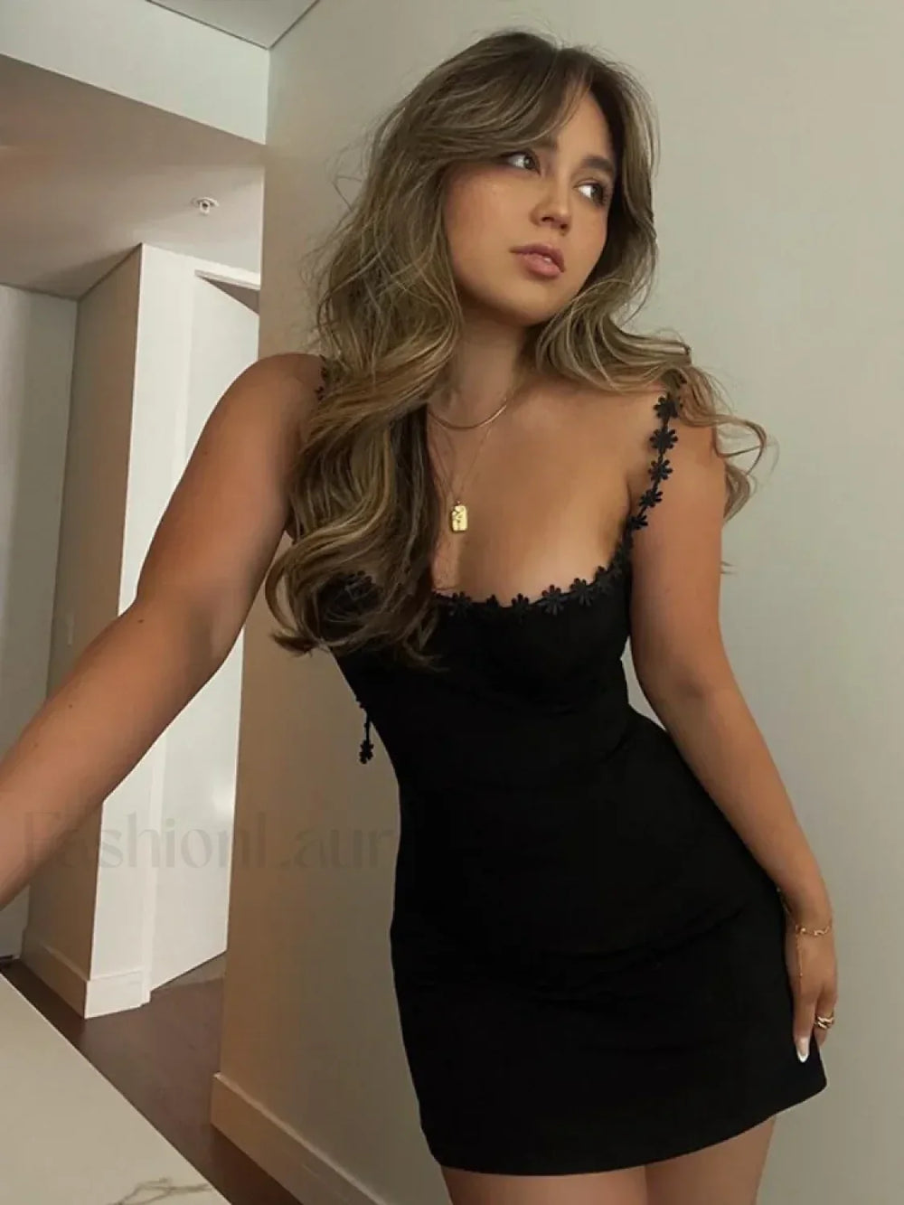 Flower Strap Slash Mini Dress BLACK / S