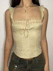 Flutter Sleeve Lace Up Corset Top Khaki / S Tops&Tees
