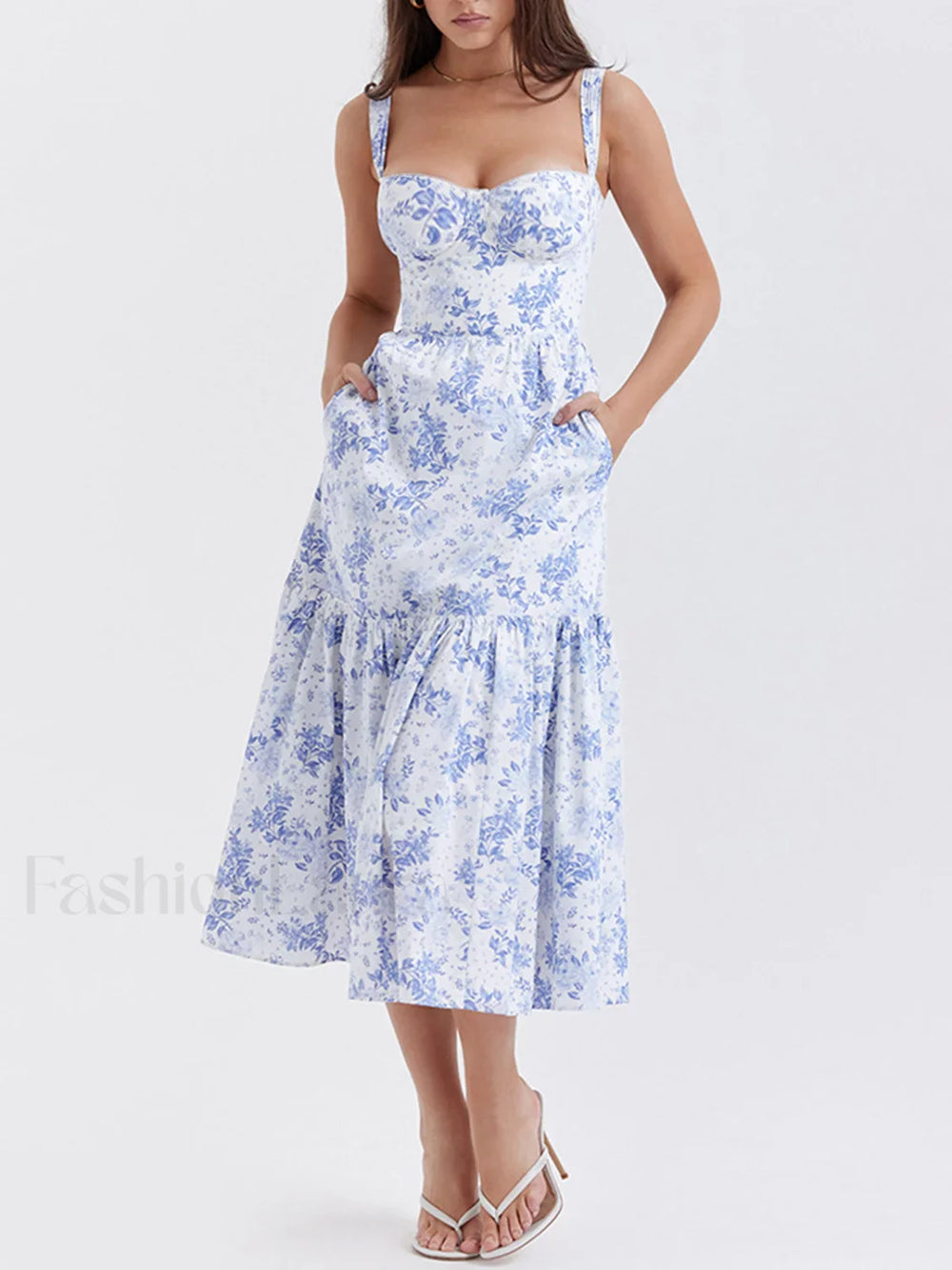 Forget Me Not Floral Pockets Zippered Long Dress Dresses