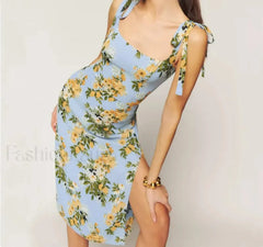 French Bow Satin Floral Dress Blue / S