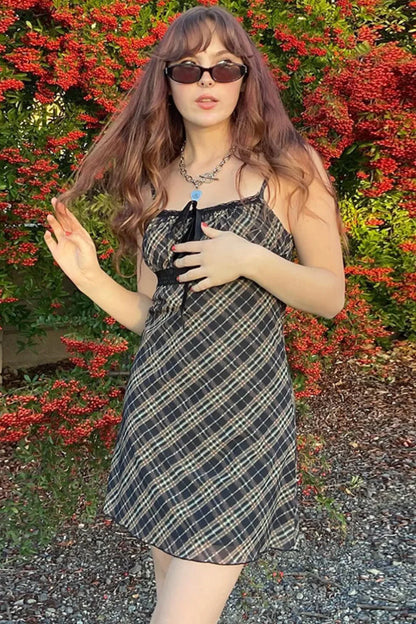 French Checkered Cami Lace Mesh A Line Mini Dress