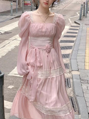 French Elegant Lace Solid A Line Evening Party Midi Dress