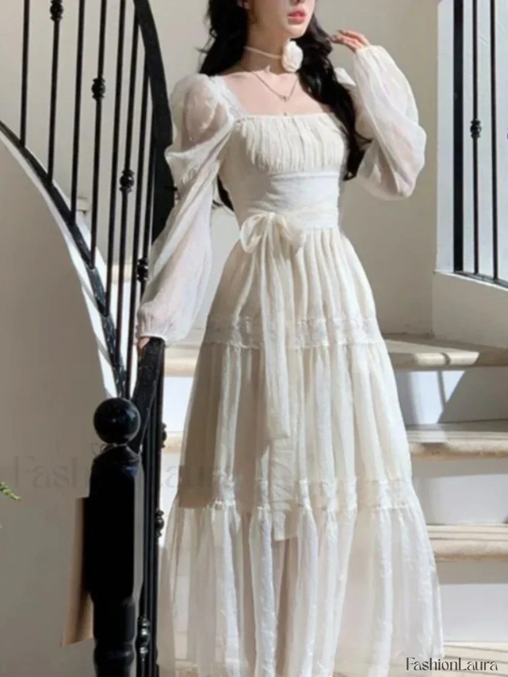 French Elegant Lace Solid A Line Evening Party Midi Dress