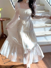 French Elegant Lace Solid A Line Evening Party Midi Dress