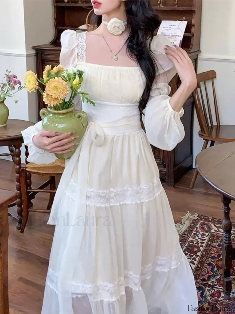 French Elegant Lace Solid A Line Evening Party Midi Dress apricot midi / XS